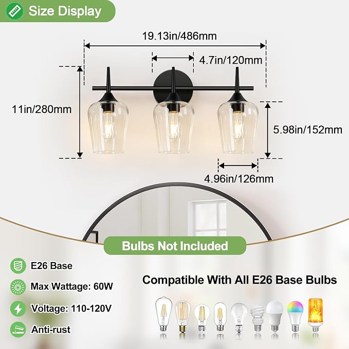 MOKATNG 3-Light Bathroom Light Fixtures, 19.5 Inch Bathroom Lighting Fixtures - Image 8
