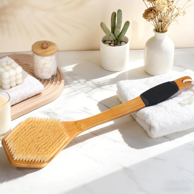 eaxun Bamboo Back Brush with Curved Long Handle, 17.5 Inches Shower Back - Image 8