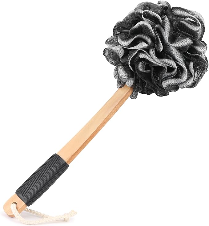 Black Loofah on a Stick PE Soft Mesh Luffa by FORENEE