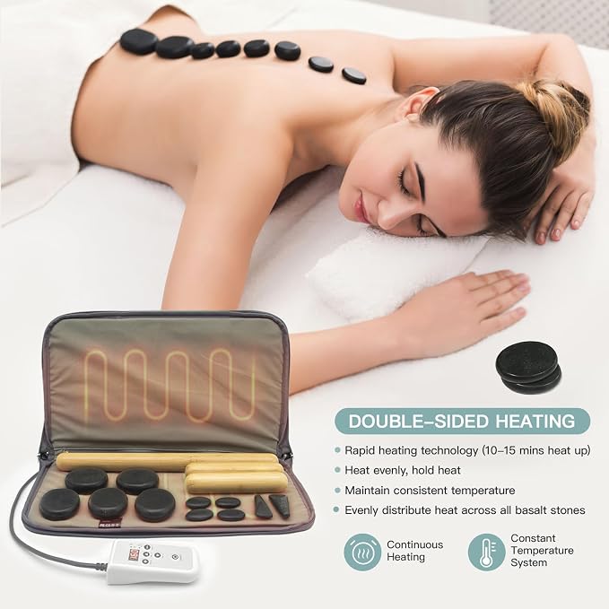 Massage Stones Set with Warmer Kit Hot Rocks Bamboo - Image 2