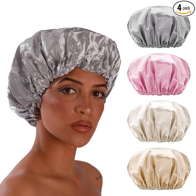 Smilco 4 Pack Shower Caps for Women, Reusable Waterproof Double Layer Bath Cap by Smilco