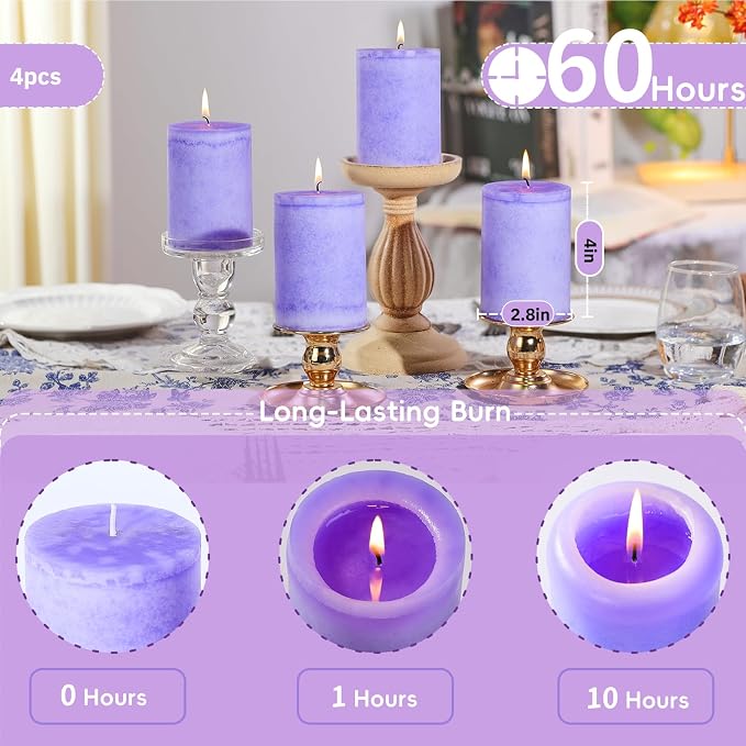 4 Pack Lavender Scented Pillar Candles-2.8x4 in Purple Decorative Candles - Image 4