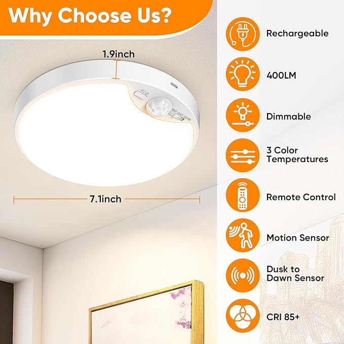 2 Pack 10000mAh Rechargeable Motion Sensor Ceiling Light - Image 3