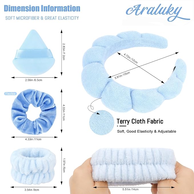 7Pcs Spa Set - Puffy Headband, Wristbands, Powder Puffs, Makeup Removal Terry - Image 2