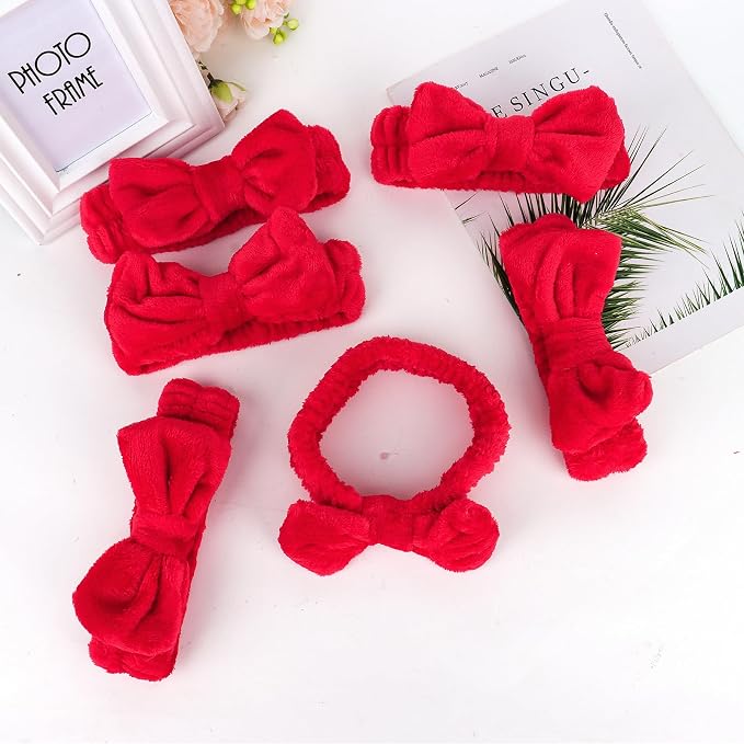 Casoty 6 Pcs Red Spa Headbands, Skin Care Headband, Soft Coral Fleece Makeup - Image 5