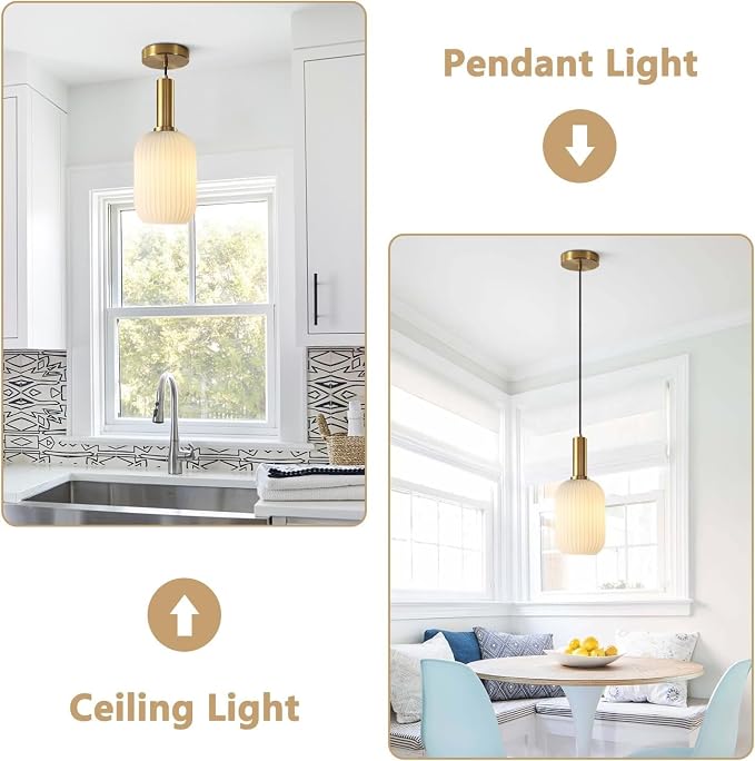 KCO Lighting Modern White Ribbed Pendant Light Small 1-Light Milk Glass Kitchen - Image 3
