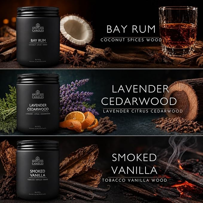 Mens Candle 3 x 8oz Pack Smoked Vanilla Bay Rum and Lavender Cedarwood Scents - Image 2