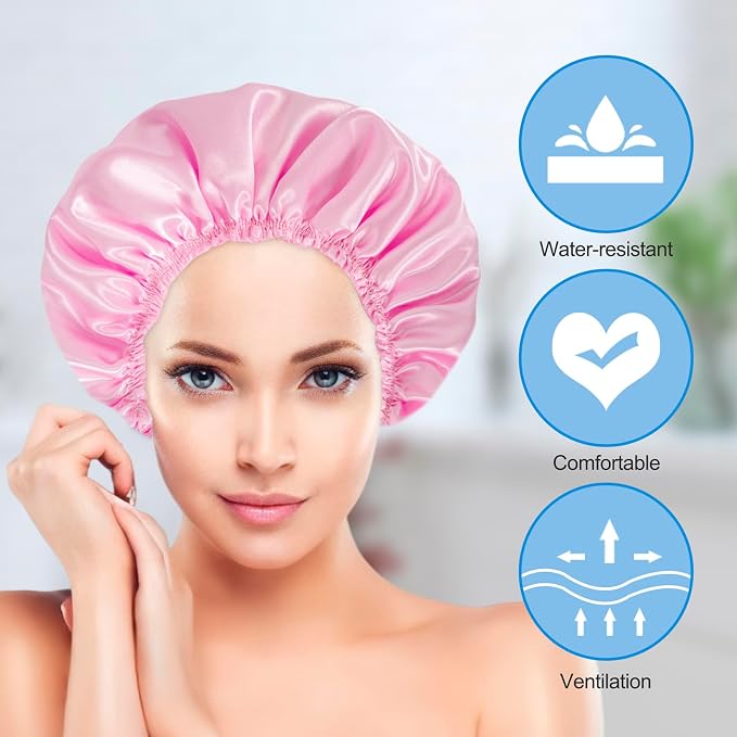Shower Cap for Women Set of 4, Bath Caps, Double Layers Hair Caps + 3 Satin - Image 4