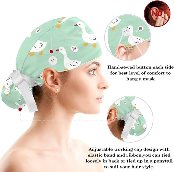 Scrub Caps Women Ponytail Cute Pink and White Leaves Caps Bouffant Working Hat - Image 3