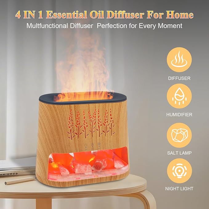 Fireplace Flame Diffuser & Himalayan Salt Lamp, 8 Colors Aromatherapy Diffuser - Image 2