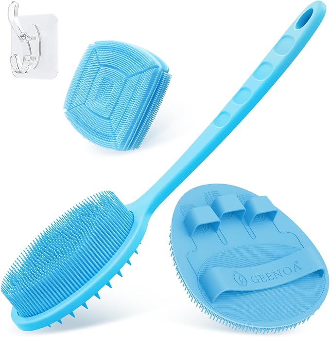 Silicone Back & Face Scrubber & Bath Glove Set 3PCS, 13.4'' Gentle Back Scrubber by GEENOA