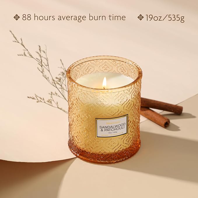 Sandalwood & Patchouli Candle, Luxury Decorative Glass Candle 19oz, Soy Wax - Image 4