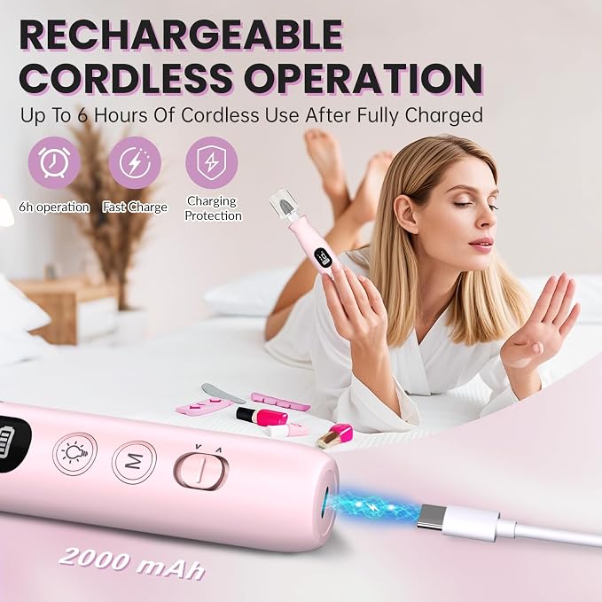 Electric Nail Drill, Cordless 2000 mAh Rechargeable Portable Nail File 12 in 1 - Image 3