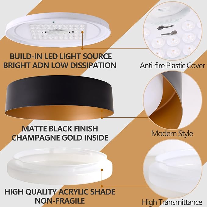 Bargeni 16.5 Inch LED Ceiling Light Fixture, Dimmable Flush Mount Matte Black - Image 4