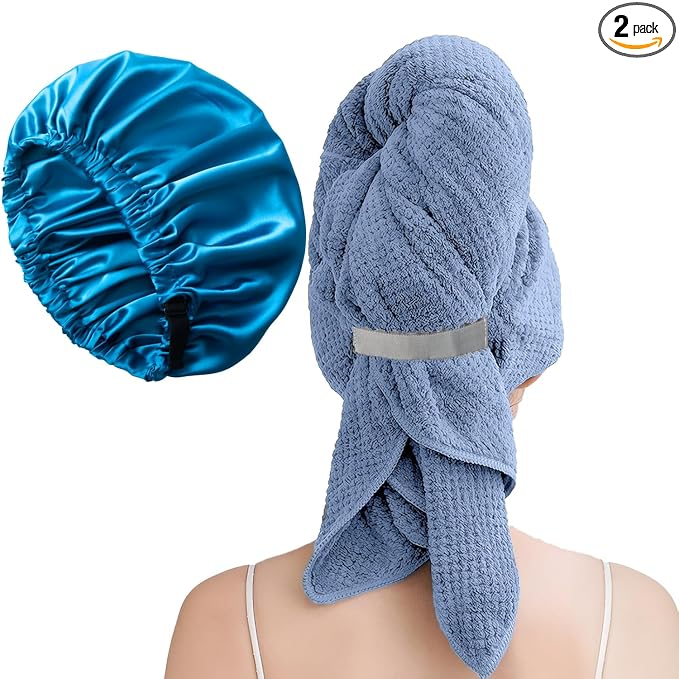 Large Microfiber Hair Towel Wrap & Satin Bonnet Set by Netcken