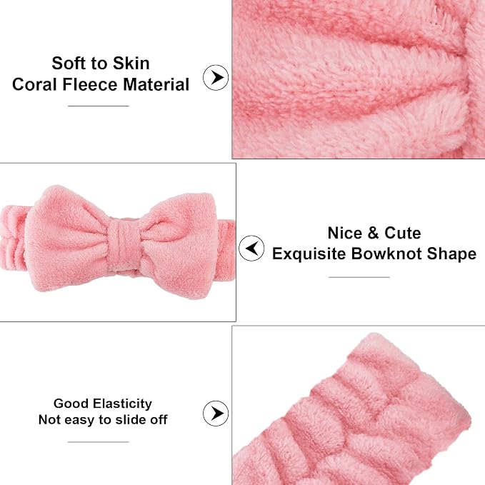 Casoty 6 Pcs Skincare Spa Headband Make Up Headbands, Bow Hair Band, Soft Coral - Image 7