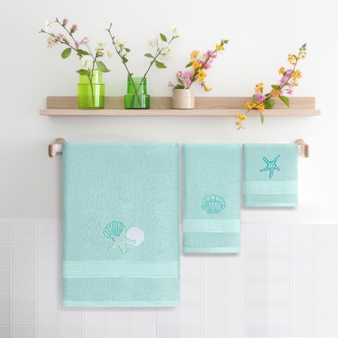 3 Pcs Coastal Seashell Bathroom Towel Set Farmhouse Embroidered Coastal - Image 4
