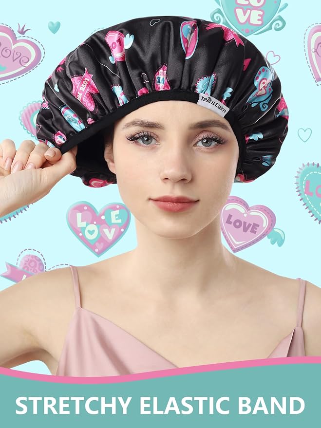 Years calm Terry Lined Shower Cap, Triple Layer Heart Motifs, Waterproof - Image 4