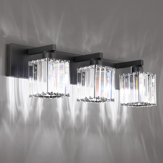 Aipsun Black Vanity Light Bathroom Lighting Fixtures 3 Light Crystal Modern - Image 2