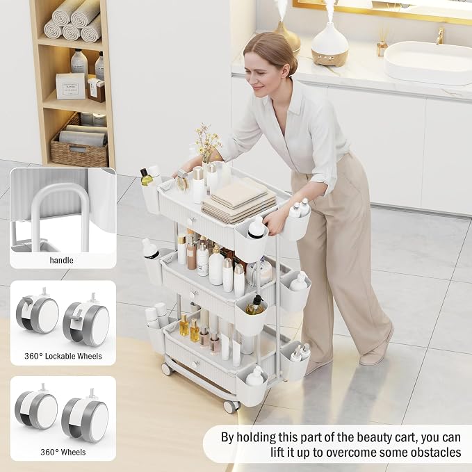 3 Tier Drawer Beauty Cart with 12 Movable Storage Organizer, Thickened ABS & - Image 4