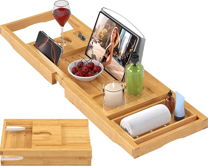 Foldable Bathtub Caddy Tray for Tub, Bamboo Expandable Bath Table Trays by Unknown