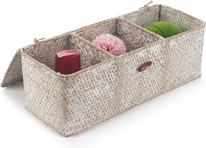 Seagrass Storage Basket with Lid Rectangular Small Woven Shelf Baskets with - Image 2