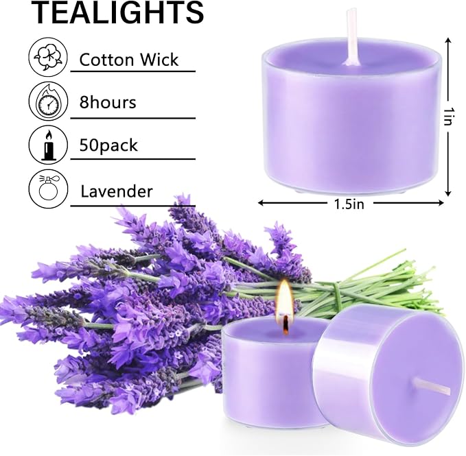 50 Pack Bulk Lavender Scented Tealight Candles in Clear Cup - Image 4