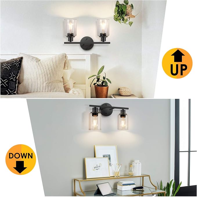 FOLKSMATE Bathroom Light Fixtures, 2 Light Matte Black Vanity Light, Vintage - Image 6