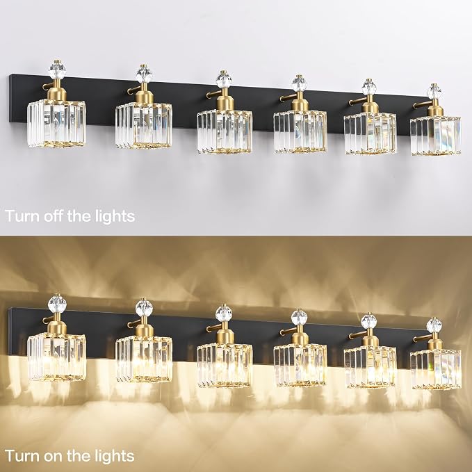 PRESDE 6-Light Crystal Bathroom Lights Fixtures Modern Black and Gold Wall Lamp - Image 7