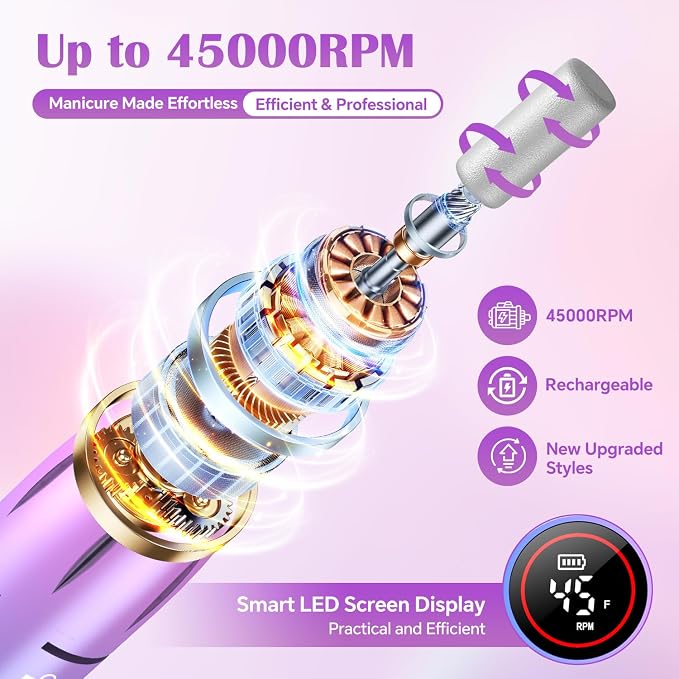 Nail Drill Professional, 45000 RPM Rechargeable Electric Nail File Kit - Image 2