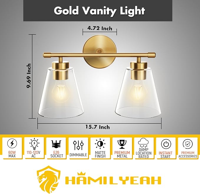Hamilyeah Bathroom Vanity Light Fixtures Over Mirror, 2 Light Wall Light Fixture - Image 2