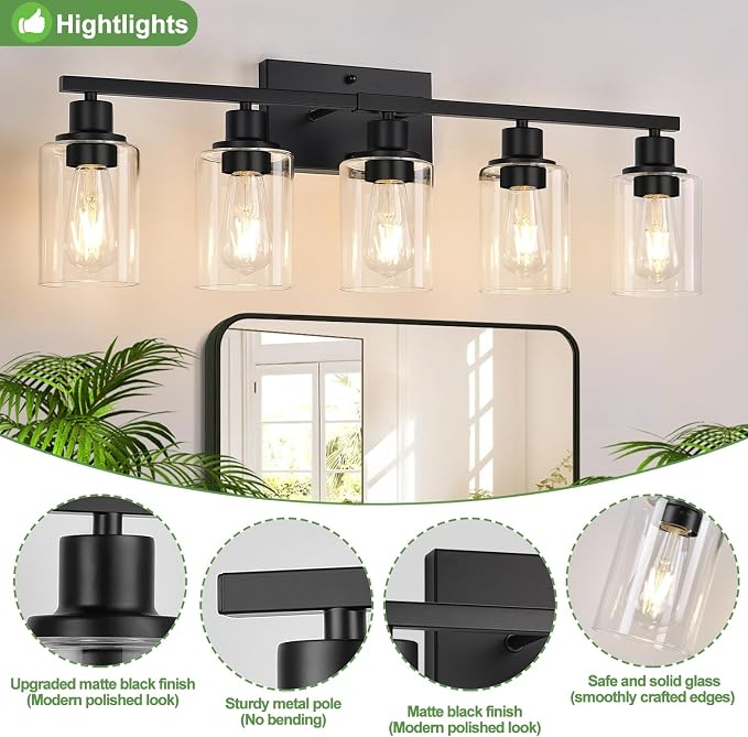 Indoi 5-Light Bathroom Light Fixtures, Matte Black Modern Vanity Lights - Image 3