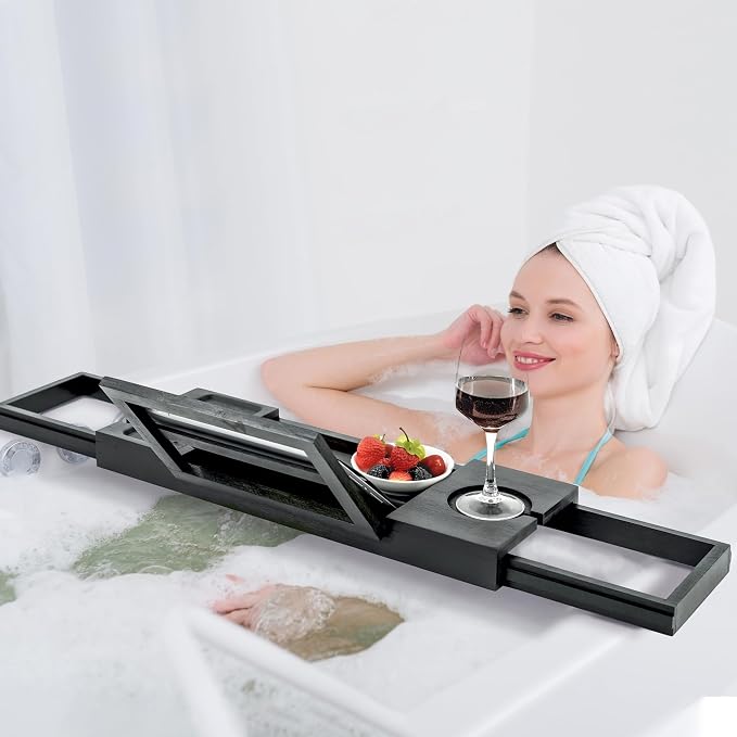 Utoplike Bamboo Bathtub Tray Black, Adjustable Bath Caddy Table - Image 6