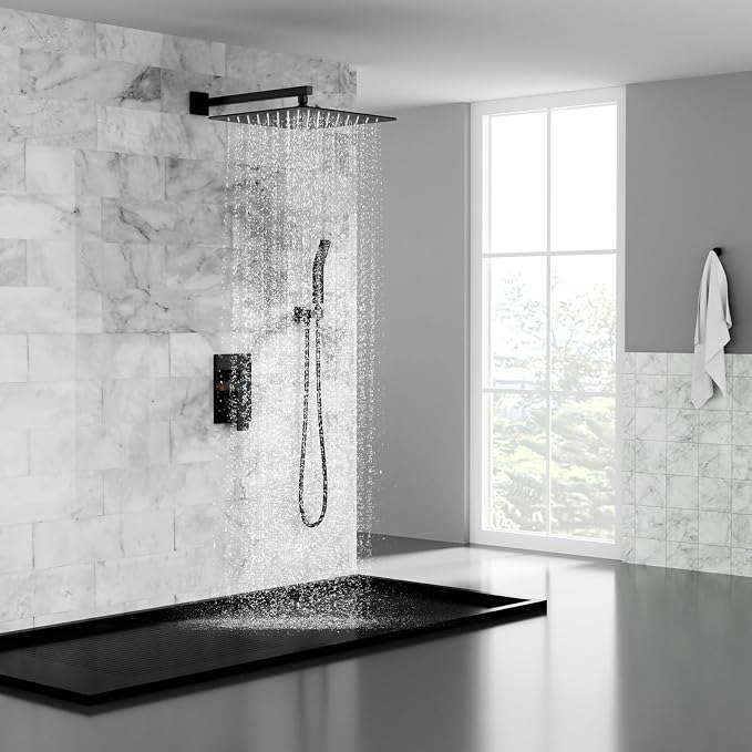 SR SUN RISE Matte Black Square Rainfall Shower Head and Handle Set, Wall - Image 2