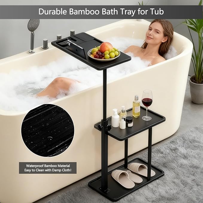 3 Layer Bathtub Tray Table, Bamboo Swivel Bathtub Side Table Height Adjustable - Image 2