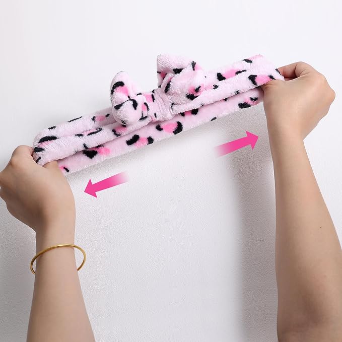 Pink Leopard Print Plush Wash Face Headband Bowknot Cheetah Spa Hair Band Wrist - Image 5