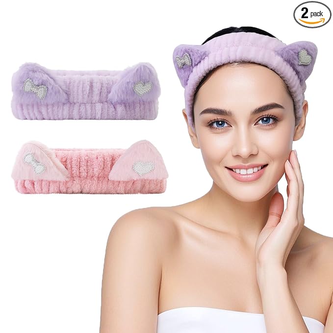 Spa Headband for Washing Face, 2 Pack Cute Cat Ear Hair Band for Shower Yoga by FLYINGMAGE