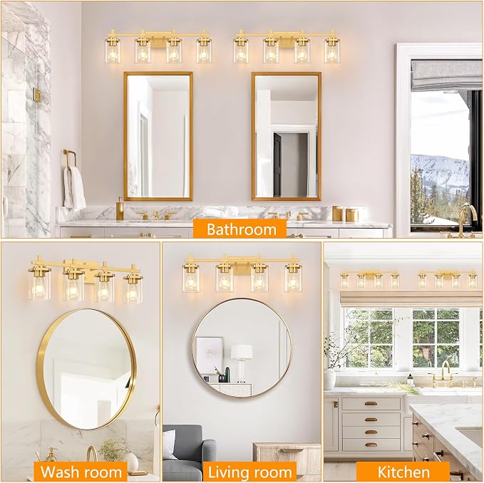 4-Lights Gold Bathroom Vanity Light Over Mirror, Brushed Gold Bathroom Wall - Image 7
