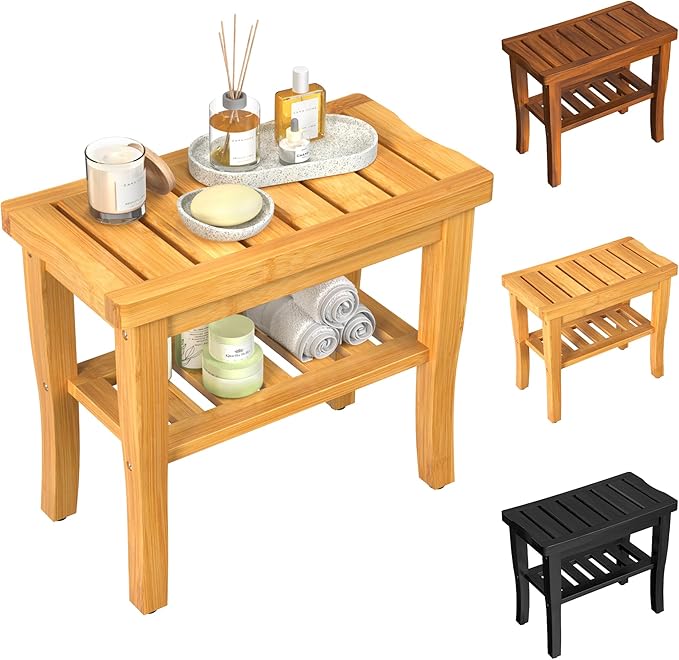 Bamboo Shower Bench Stool with Storage Shelf Waterproof Shower Chair Spa Bath by Greenual