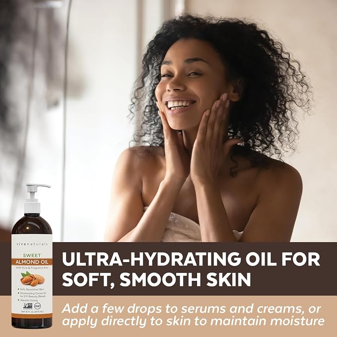 Viva Naturals Sweet Almond Oil, 16 fl. oz – Skin & Hair Moisturizer, Body & - Image 4