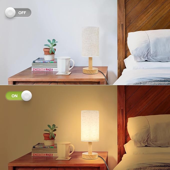Small Bedside Table Lamps for Bedroom Set of 2, Natural Round Wood Base&Fabric - Image 5