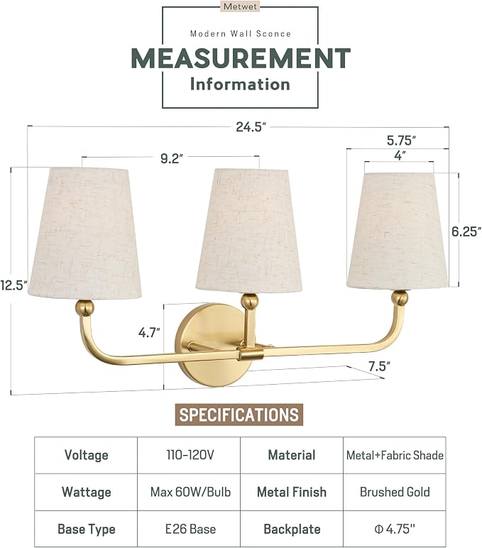 3-Light Bathroom Light Fixtures, Brushed Gold Vanity Lights - Image 2