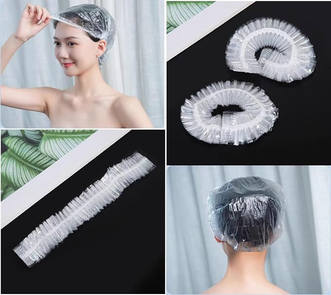 100 PCS Disposable Shower Caps Plastic Clear Hair Cap Elastic Waterproof Hair - Image 3