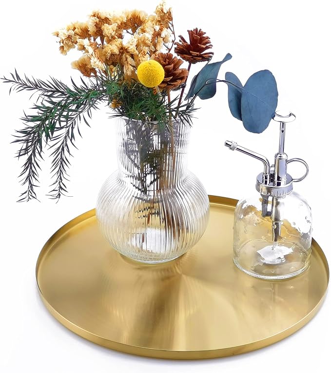 FREELOVE Gold Tray, Round Brass Serving Platter, Bar Circle Decorative Plate by FREELOVE