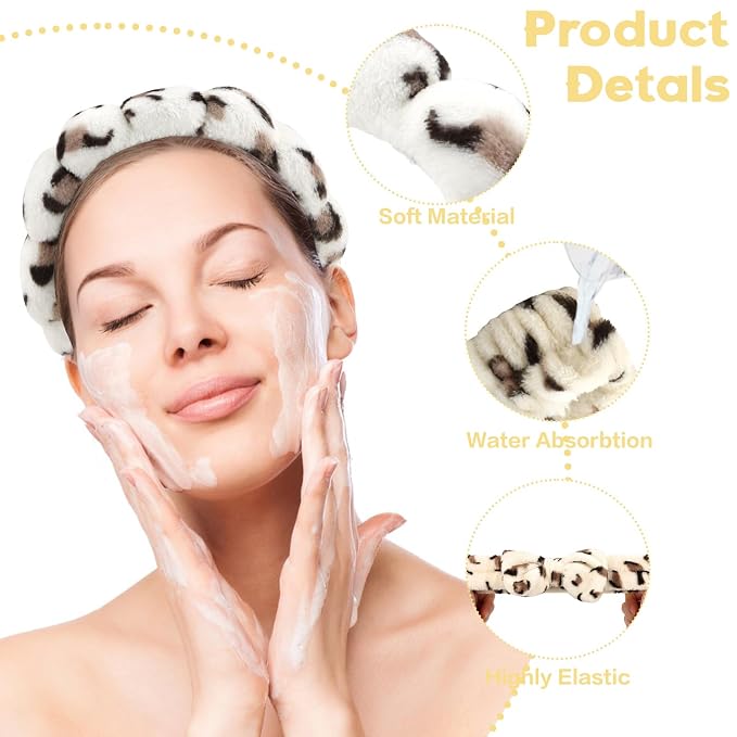Beige Leopard Spa Headband and Wristband Set, Soft Elastic Face Washing - Image 7