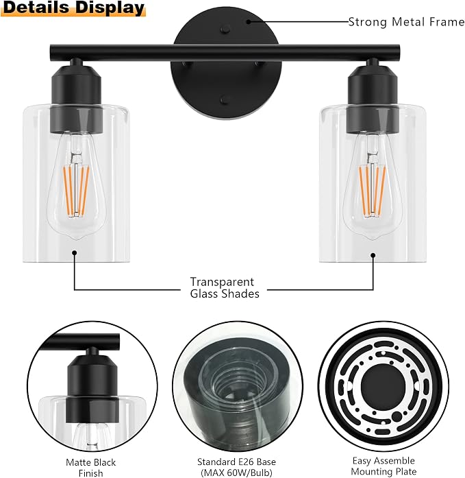 Espird Bathroom Vanity Light Black 2 Light Rustic Bathroom Vanity Lights Over - Image 4