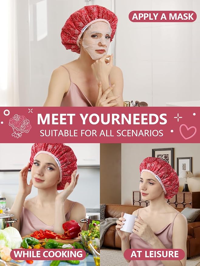 Years calm Terry Lined Shower Cap, Triple Layer Heart Motifs, Waterproof - Image 9