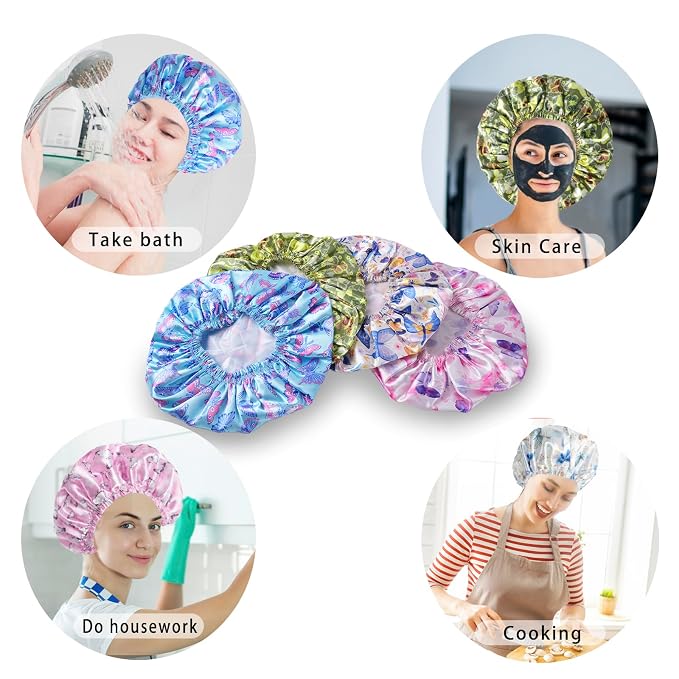 4 PCS Shower Cap for Women, Elastic and Reusable Bath Caps, Double Layers - Image 5