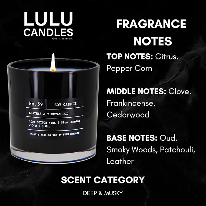 Lulu Candles | Leather & Tibetan Oud | Luxury Scented Soy Jar Candle | Hand - Image 3