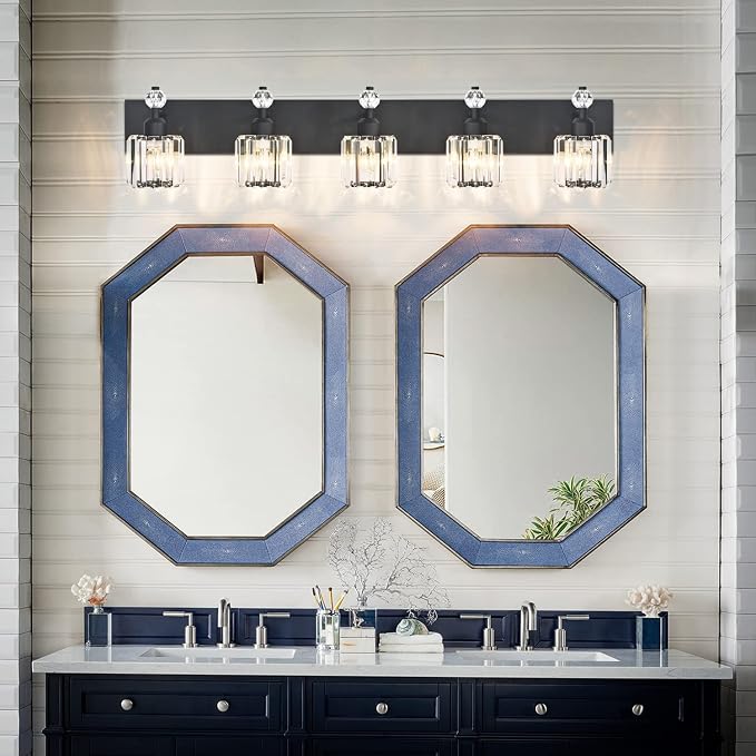 PRESDE 5-Light Crystal Bathroom Vanity Light Modern Matte Black Bathroom Lights - Image 2